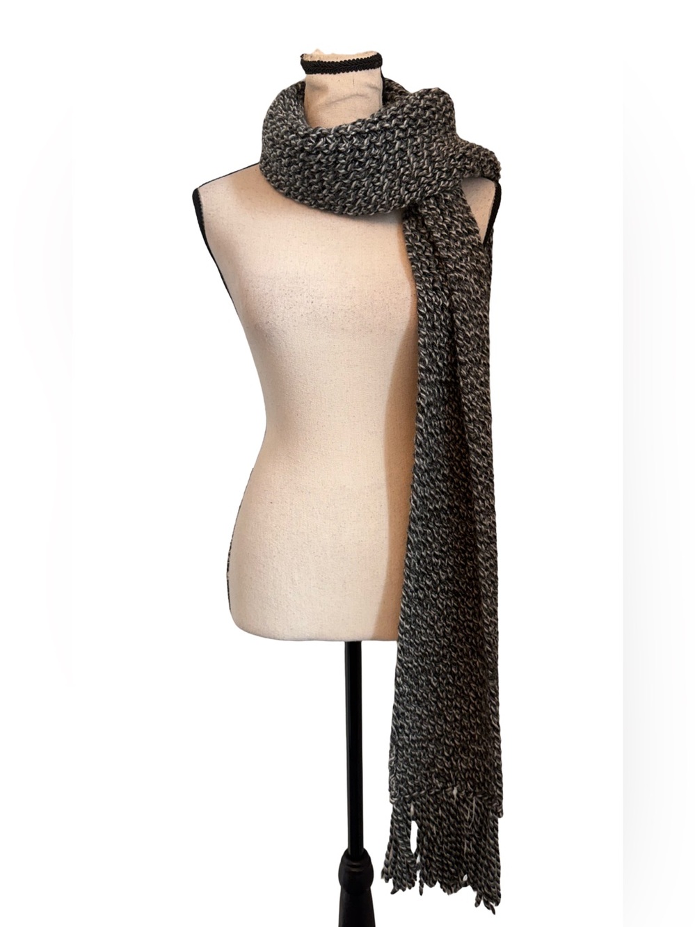 Chunky Knit Gray Scarf Oversized Long Winter Scarf Fringe Neutral Cozy Style